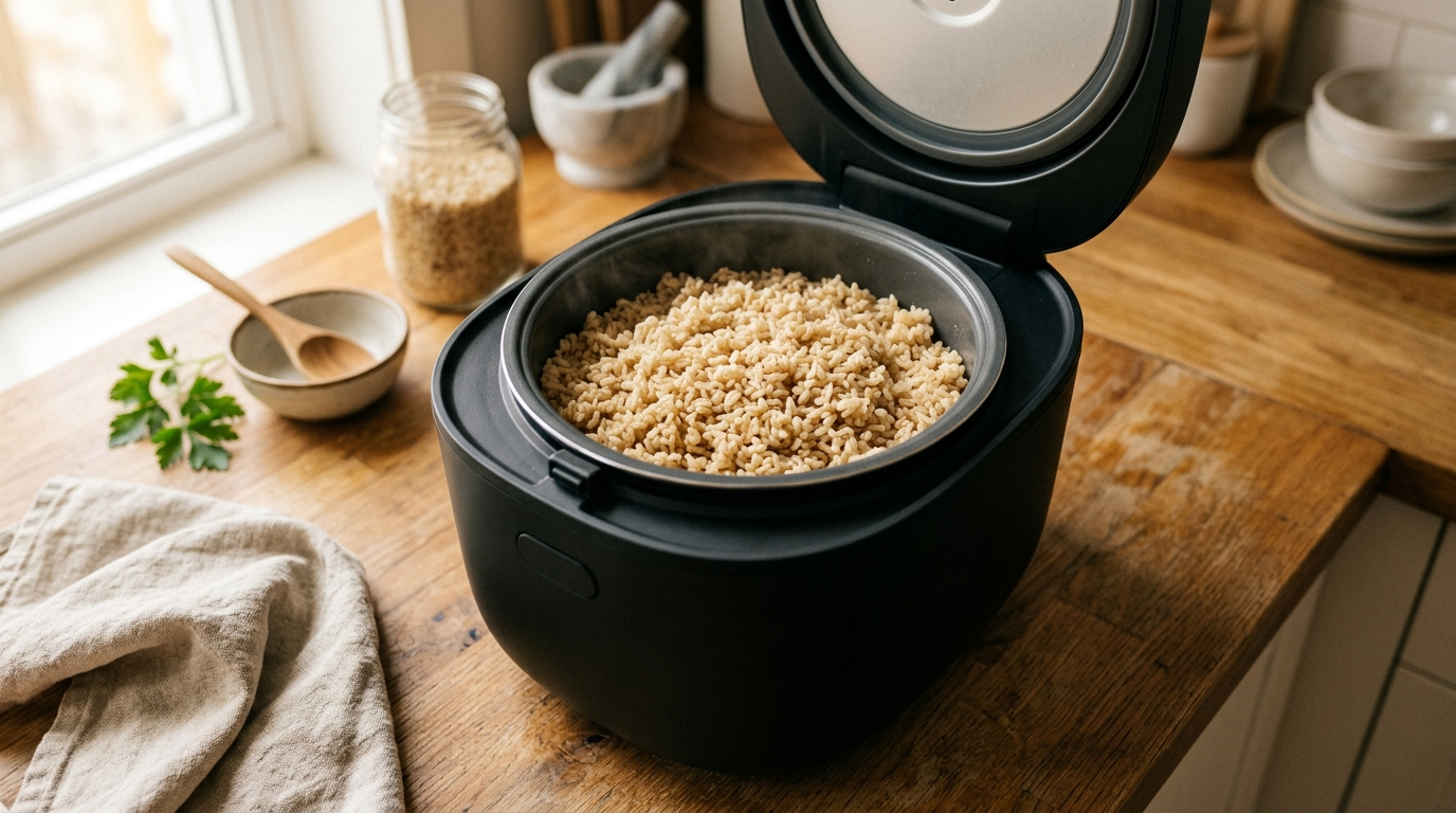 Overhead view of cooked brown rice inside a modern rice cooker
